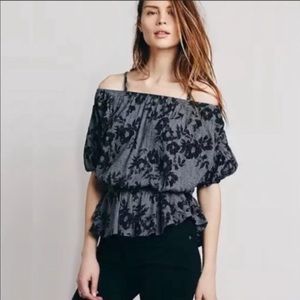 Free People Shades of Cool Boho Grey Floral Off The Shoulder Peplum Top Small